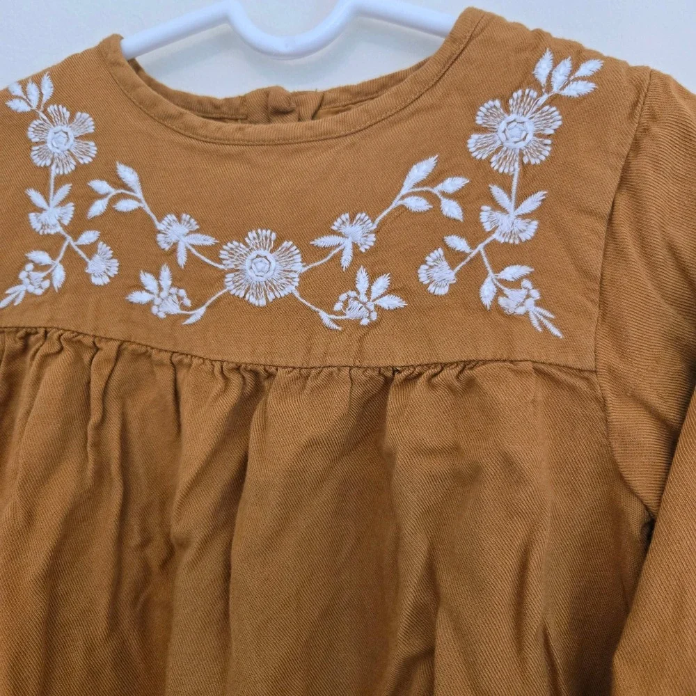 Mango MNG Kids Baby Girls Mustard Yellow Floral Embroidered Dress Size 3-4 104cm